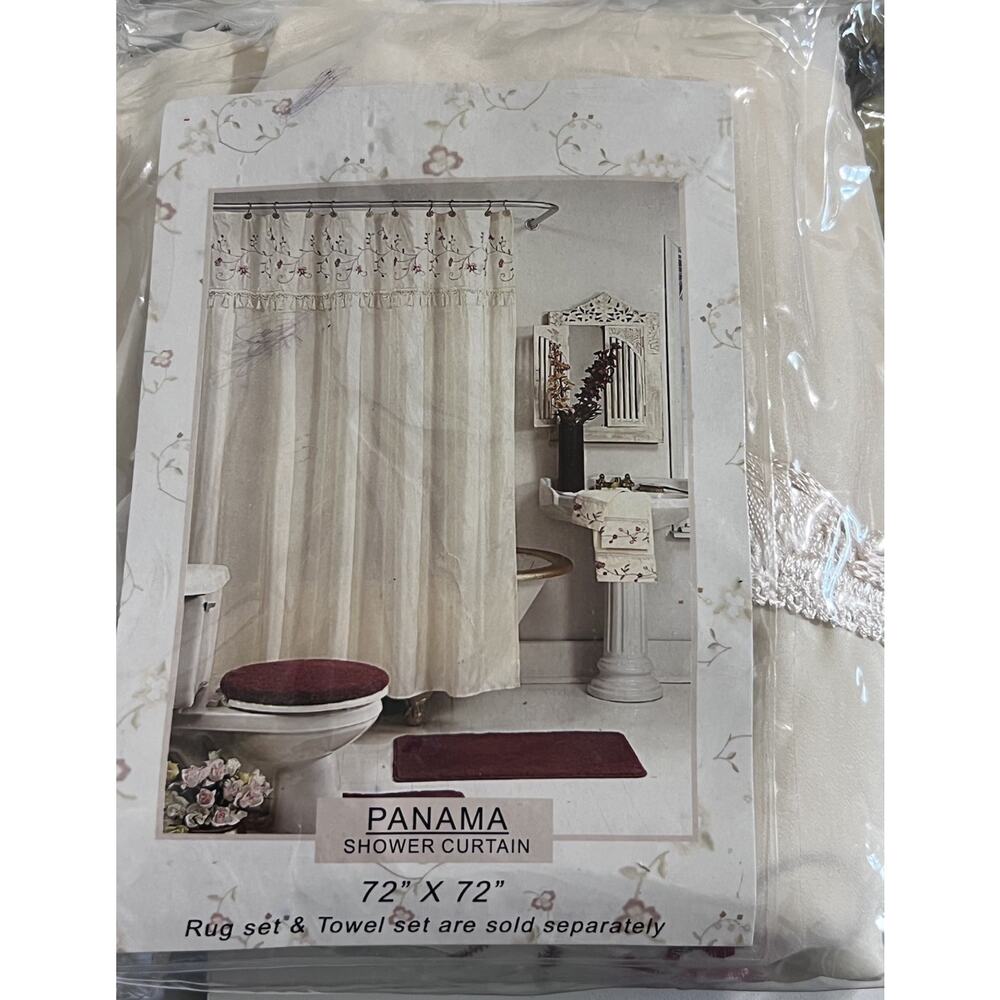 PANAMA Embroidered Floral Tassel Shower Curtain Ivory Pink Romantic Cottagecore